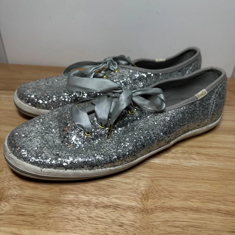 Kate Spade x Keds Champion Silver Glitter Ribbon Sneakers WF52390 Womens 8.5
